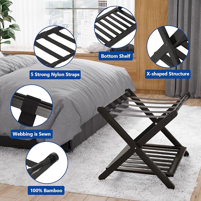 Smuxee Fully Assembled Black Luggage Racks Pack of 2, Upgraded Bamboo Foldable Suitcase Stand with 5 Nylon Straps, Luggage Holder with Shelf for Guest Room Bedroom Hotel