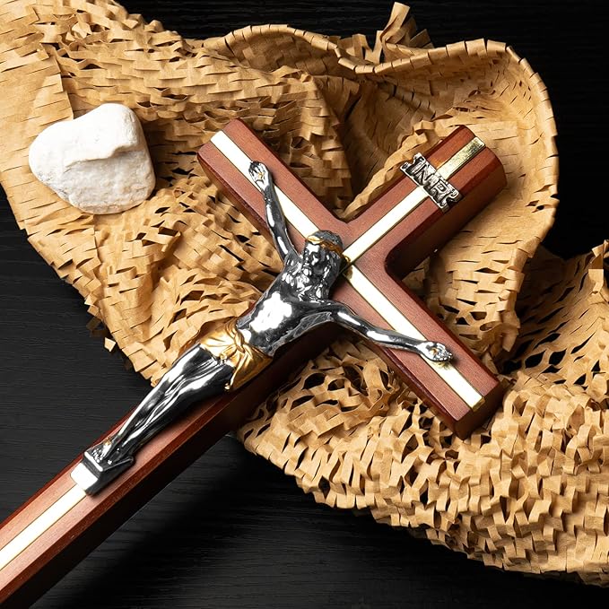 KUXBET Standing Crucifix Cross with Detachable Stand 10.6 Inch Catholic Wooden Jesus Christ Wall Hanging Cross for Home Decor - Antique Gold (10.6" L x 5.2" W)