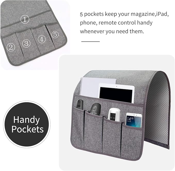 Sofa Armrest Organizer, Remote Control Holder for Recliner Couch, Arm Chair Caddy with 5 Pockets for Magazine, Tablet, Phone, iPad