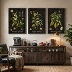 Large Vintage Framed Botanical Wall Art for Living Room, 3 Piece Dark Green Plant Canvas Paintings Prints, Retro Coffee Botanical Leaf Pictures for Dining Room Coffee Bar Kitchen Wall Decor, 24x36 In