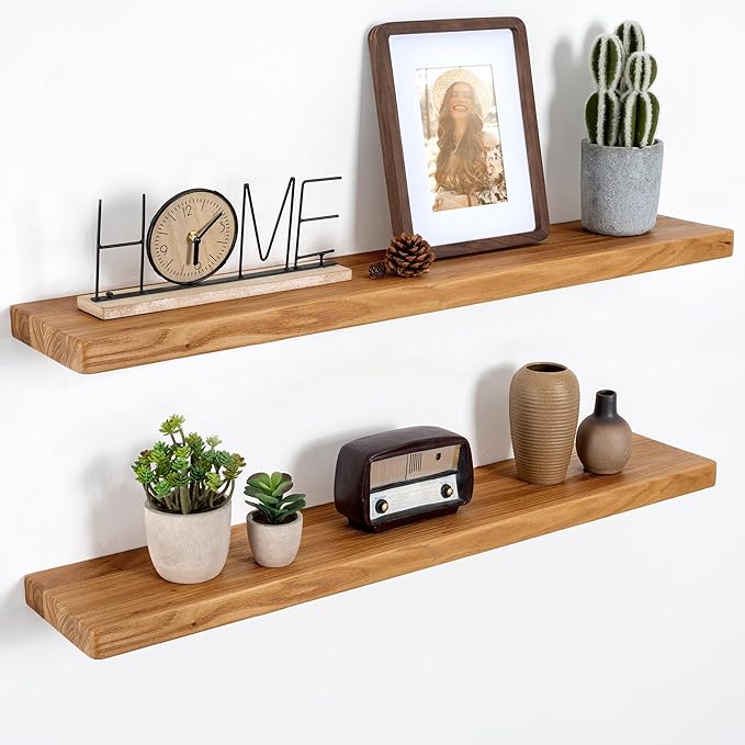 Marsmiles 36 inch Floating Shelves for Wall Solid Elm Wood Shelves|Rustic Wall Mounted Shelves with Heavy-Duty Invisible Bracket for Bathroom Living Room Kitchen|Rounded Edge Design|Natural, 2 Pack