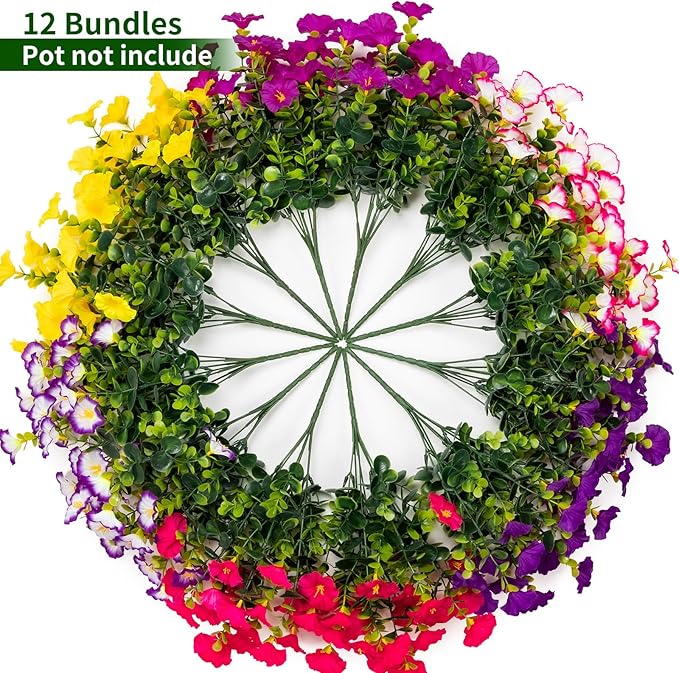 Lnoicy Artificial Flowers for Outdoor 12 Bundles Eucalyptus Fake Flowers for Planter,UV Resistant Fake Morning Glory for Home/Porch/Garden Decoration (6 Color)