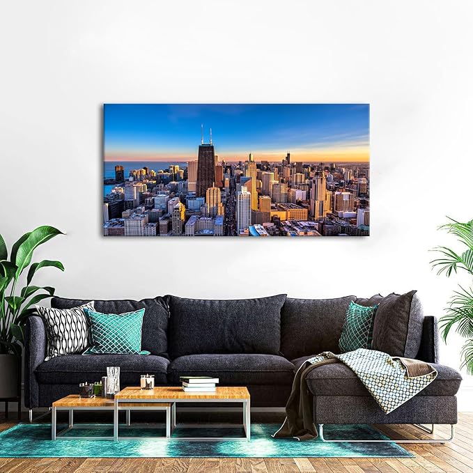 AIYISU Chicago Skyline Wall Art Chicago City Wall Decor Night Cityscape Canvas Prints Pictures City Skyscraper Painting Poster Modern Artwork for Kitchen Bedroom Living Room Home Decoration 24x48”