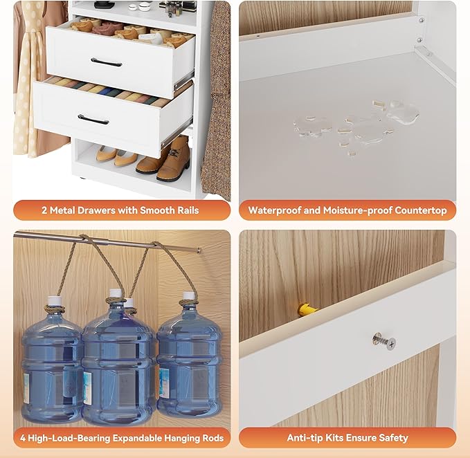 Metal Closet System, 4FT-8FT Closet Organizer System with 4 Expandable Hanging Rods and Metal Tower,79"H Walk in Closet System with 2 Drawers and Shelving,Built in Closet,Wall Mount,White