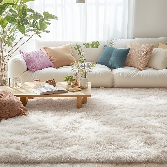 OLANLY 4x11 Area Rugs for Living Room Bedroom, Machine Washable Soft Fluffy Shaggy Bedside Rug, Indoor Floor Carpet for Kids Girls and Boys, Dorms, Nursery Rooms, Home Decor Aesthetic, Ivory