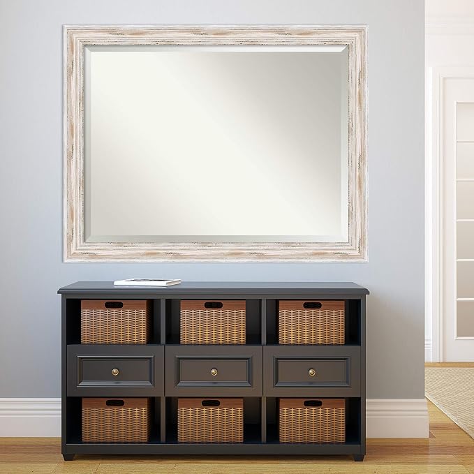 Amanti Art White Wall Mirror 35x45 Alexandria White Wash Rectangle Bathroom Mirror for Wall Decor Living Room, X-Large Cottage Wood Frame, Hangs Horizonally and Vertically, Bathroom Decor, Beveled