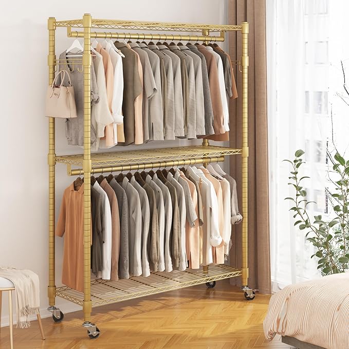 BATHWA Heavy Duty Garment Rack on Wheels, Rolling Clothes Racks for hanging clothes, Modern Closet Wardrobe Clothing Rack with 8 Side Hangers, Gold