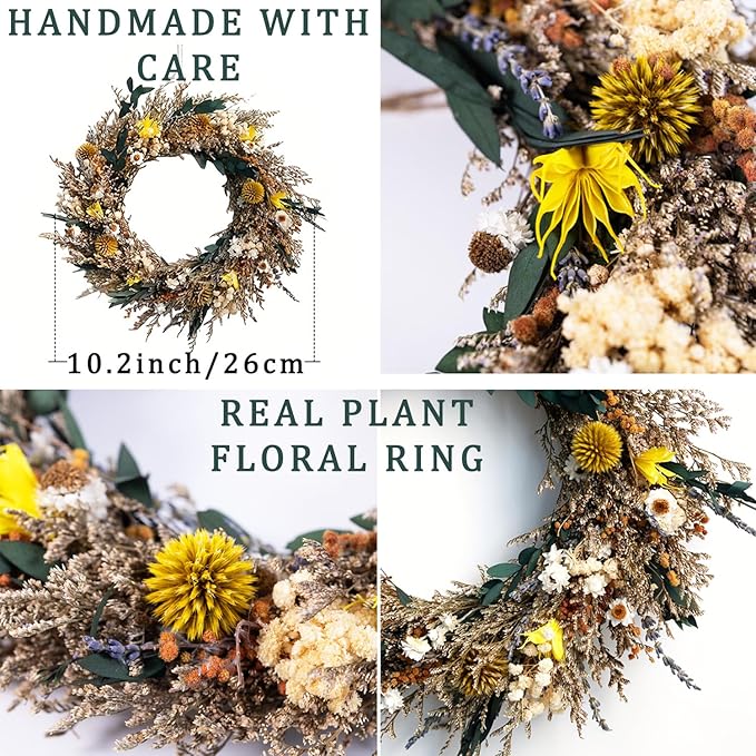 10 Inch Handmade Dried Flower Wreath - Small Real Plant Floral Wreath, Rustic Boho Wall Decor for Home, Door, Window, Wedding, Fall Decor