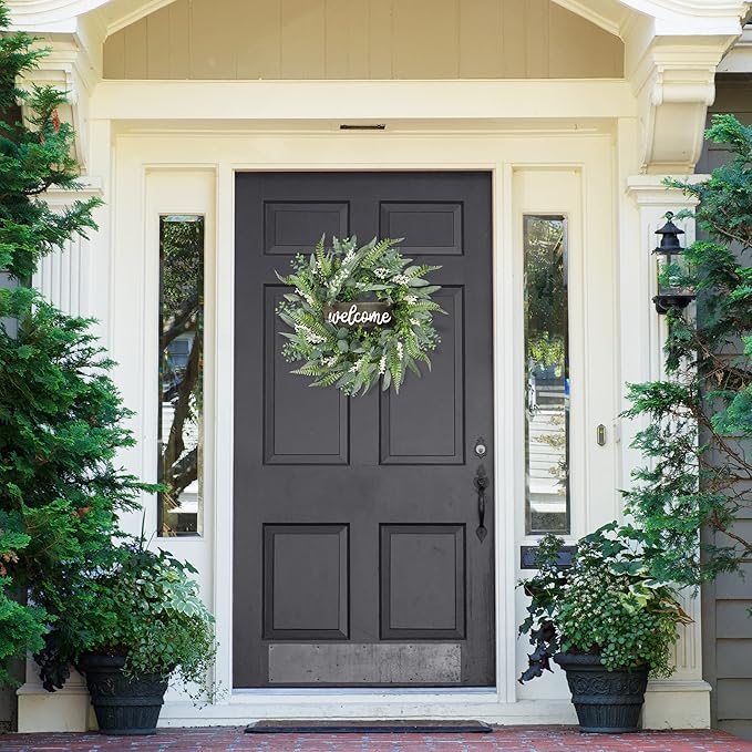 Sggvecsy Green Artificial Eucalyptus Wreath with Welcome Sign 20in Mixed White Berries Spring Summer Wreath for Front Door Wall Window Farmhouse Festival Porch Patio Garden Decor