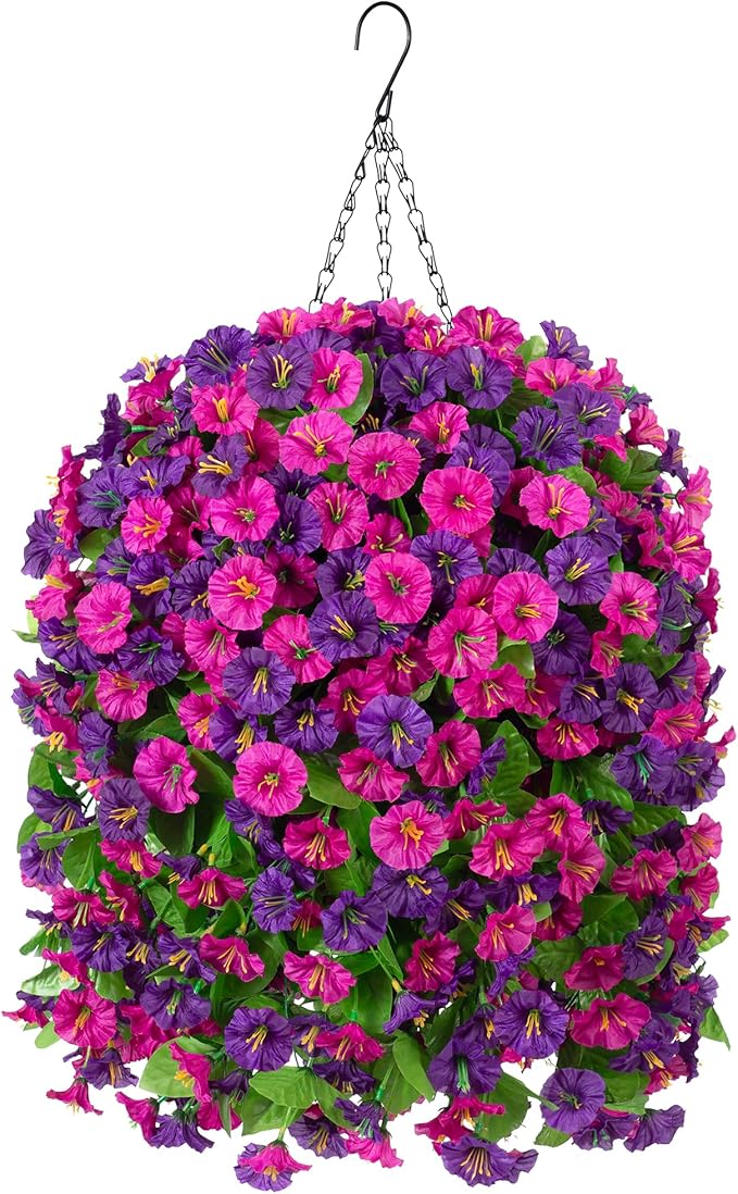 Artificial Fake Hanging Flowers Basket for Spring Decor, Faux Silk Flower in Planter for Summer, Outdoor Artificial Floral for Home Porch Yard(Purple-red Deep Purple)