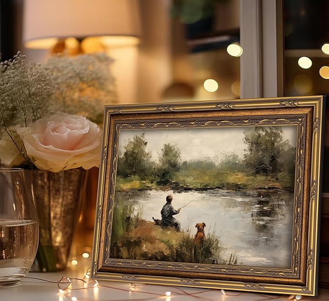 Vintage Gold Framed Wall Art Boy Fishing Country Oil Painting Canvas Prints Peaceful Lake Landscape with Dog Picture Rustic Farmhouse Poster Artwork for Nursery Living Room Bedroom, 9x11in