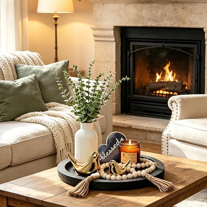 Rustic Modern Farmhouse Decor Set of 7 for Home Decor Living Room, Kitchen Counter, or Coffee Table Centerpieces Decor, Wood Round Decorative Tray Gifts for Women Men