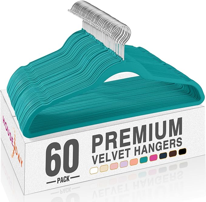 HOUSE DAY Mint Green Velvet Hangers 60 Pack, Non Slip Clothes Felt Hanger Heavy Duty for Coat, Premium Slim Space Saving Suit Hangers for Closet Organizer, 360° Rotating Silver Hook