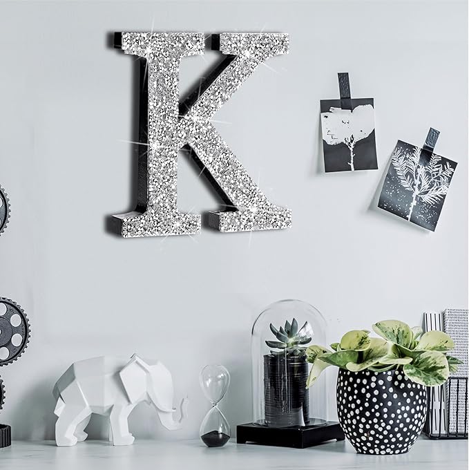 Qunclay 12'' Silver Crystal Diamond Bling Letters Crushed Diamond Decoration Wooden Glitter Letter with Screw and Hooks Rhinestone Gift for Wedding Y2k Mcbling Bedroom Wall Decor (Letter K)