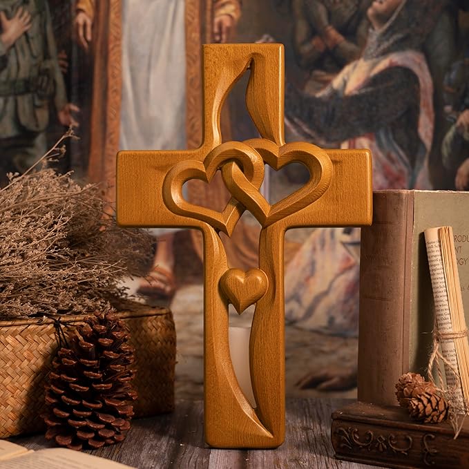 BGCOPPER Marriage Cross for Wall Love Wall Decor, Handmade Wooden Intertwined Heart Wall Cross for Wedding Valentine Christmas Gift (Wood, 10 Inch)