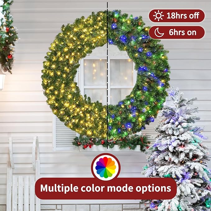 48in Large Prelit Christmas Wreath Outdoor with Lights, Artificial Lighted Christmas Wreaths with 210 Colorful LEDs, Metal Hook, Plug-in, 11 Functions for Home Holiday Decor