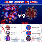 Lighted Up 4th of July Wreaths with Bow, Red White and Blue Mesh Artificial Wreath, American Flag Patriotic Gnome Wreath Decor for Independence Day Front Door Farmhouse Home Wall