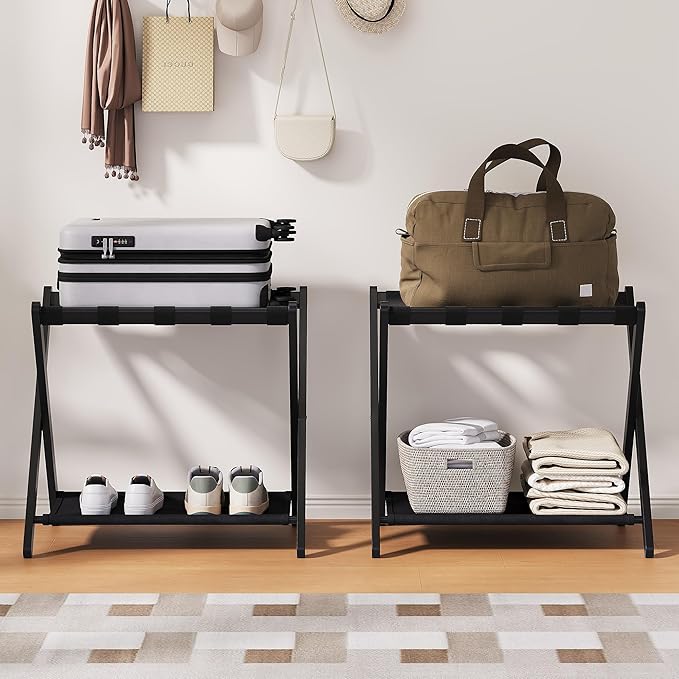 26.77" Full Assembled Luggage Rack for Guest Room, Set of 1 Bamboo Foldable Suitcase Stand, Bedroom & Hotel, Folding Luggage Holder with 5 Nylon Straps, 600D Oxford Fabric Shelf Black