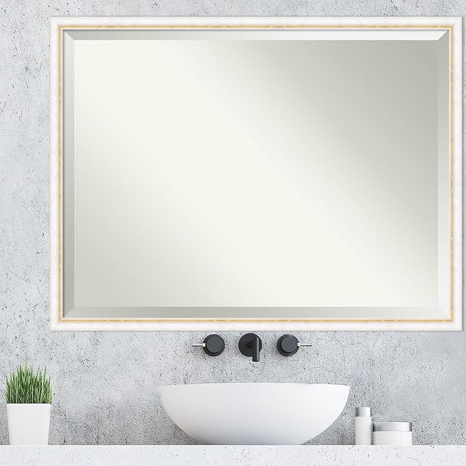 Amanti Art White Wall Mirror 32x42 Morgan White Gold Rectangle Bathroom Mirror for Wall Decor Living Room, X-Large Modern Wood Frame, Hangs Horizonally and Vertically, Bathroom Decor, Beveled Edge