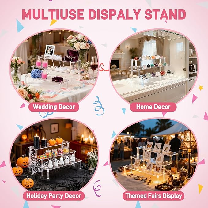2 Packs Acrylic Display Stand Riser,3 Tier Perfume Organizer Cupcake Stand Acrylic Pop Shelves Holder,Clear Desk Display Shelf for Figure,Trinket,Collectibles,Dessert Stands for Party Decor-11.6in