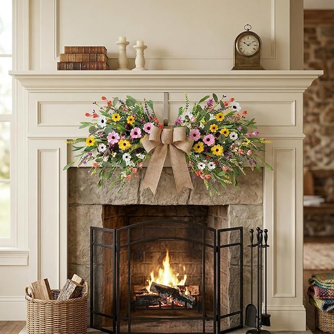 24inch Floral Swag Artificial Spring Lavender Daisy Swag with Wildflower Wisteria Front Door Twigs Leaves Flower Decorative Swag for Farmhouse Wedding Arch Party Wall Home Indoor Outdoor Holiday Decor