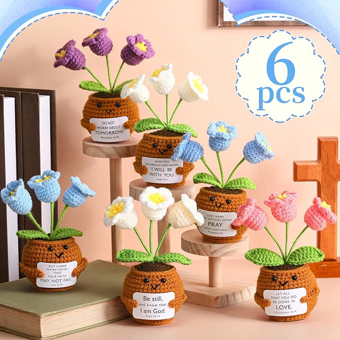 Wavwavw 6 Pcs Christian Gift for Women Inspirational Religious Gifts Positive Faith Scripture Crochet Handmade Bible Verse Crochet Doll with Prayer Card for Vbs Church(Lily of the Valley)