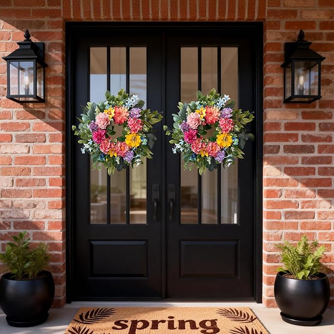 Spring Wreaths for Front Door, 24 Inch Spring Door Wreath with Yellow Dahlia,Pink Hydrangea Dahlia Peony Flower Wreath for All Season Outside Indoor Outdoor Home Porch Wall Decor