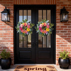 Spring Wreaths for Front Door, 24 Inch Spring Door Wreath with Yellow Dahlia,Pink Hydrangea Dahlia Peony Flower Wreath for All Season Outside Indoor Outdoor Home Porch Wall Decor
