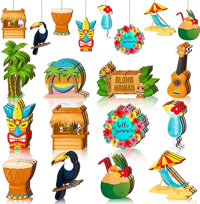 Geelin 36 Pcs Summer Wood Hanging Ornaments for Tree Mini Tree Decorations Hawaiian Beach Wooden Pendant Decorations with String for Luau Party Supplies(Aloha)
