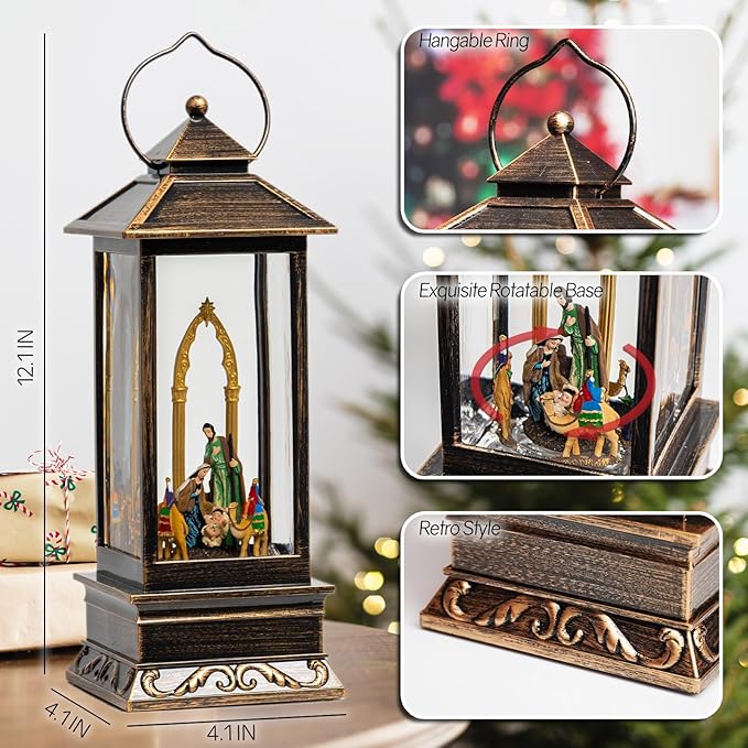 12" Christmas Snow Globe Lantern with Nativity - Water Swirling Glitter LED Light Lantern with Music - Vintage Xmas Gifts - USB Plug or Battery Operated Home Decor (Nativity)