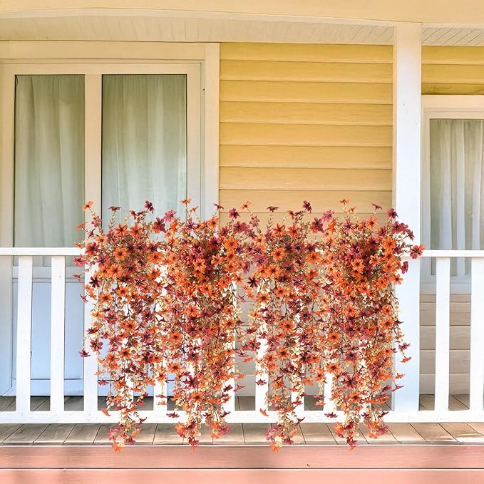 Artificial Fake Hanging Flowers Plants for Outdoor Fall Decoration,2PCS Faux Silk Daisy with Eucalyptus Leaves,UV Resistant Look Real for Outside Home Indoor Planter Porch Patio Yard Autumn Decor