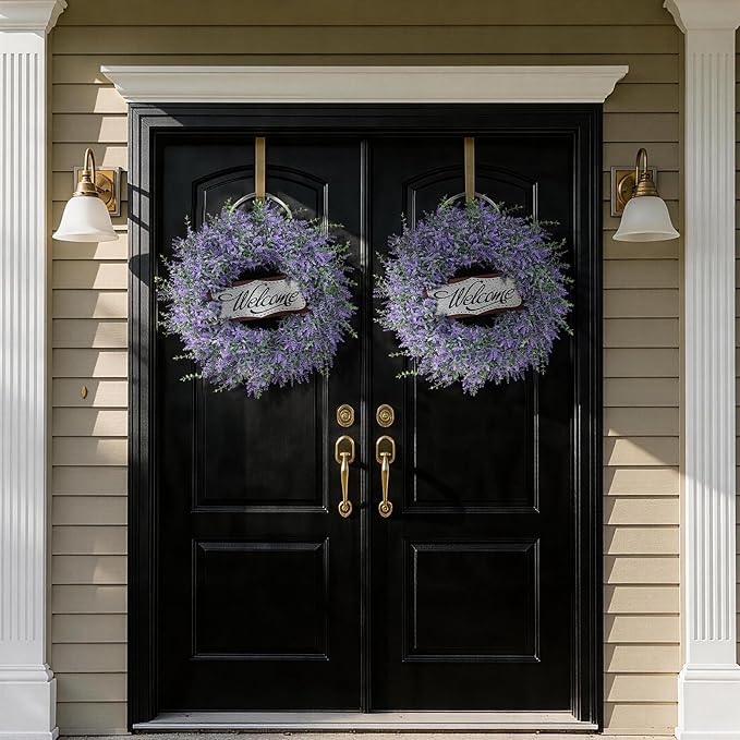 26" Artificial Lavender & Eucalyptus Wreath with Welcome Sign for Front Door, Porch, Window - Large Greenery Outdoor Wreath for Home, Farmhouse Decor - Spring, Summer, All Seasons (Purple)