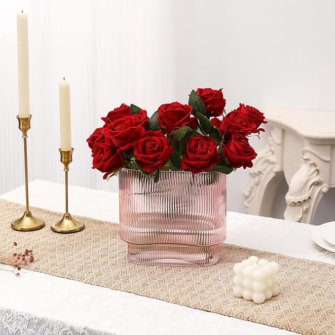 Ribbed Glass Vase, Pink Glass Vase, Fluted Short Vases for Flowers, Modern Vases for Living Room, Dining Room, Bathroom, Desk, Shelf, Wedding, Office, 7 Inches