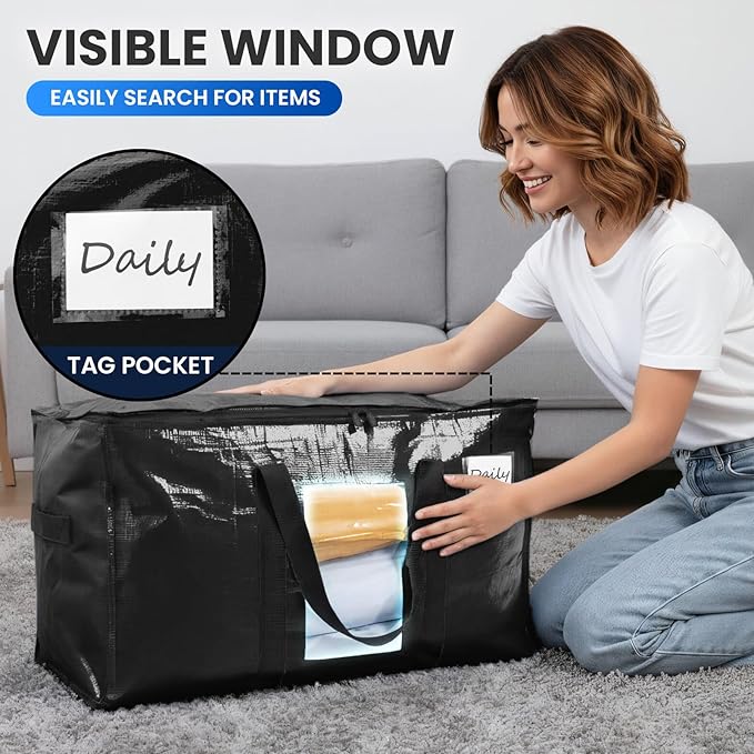 TAILI Extra Large Moving Bags, 2 Pack Black Heavy Duty Totes For Storage with Visible Window, Wrap Around Handles, Storage Bags for Space Saving, Alternative to Moving Boxes