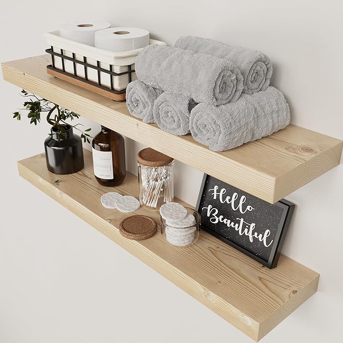 BAOBAB WORKSHOP Solid Wood Floating Shelves for Wall 30 Inches Long, Wooden Shelf Bathroom Large, Light Oak Floating Shelves for Room Wall Mounted Kitchen Farmhouse, Natural Wood, 30W × 6.7D, Set of 2