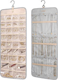 BAGSMART Hanging Jewelry Organizer Storage Roll with Hanger Metal Hooks Double-Sided Jewelry Holder for Earrings, Necklaces, Rings on Closet, Wall, Door, 1 piece, Large, Grey