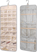 BAGSMART Hanging Jewelry Organizer Storage Roll with Hanger Metal Hooks Double-Sided Jewelry Holder for Earrings, Necklaces, Rings on Closet, Wall, Door, 1 piece, Large, Grey