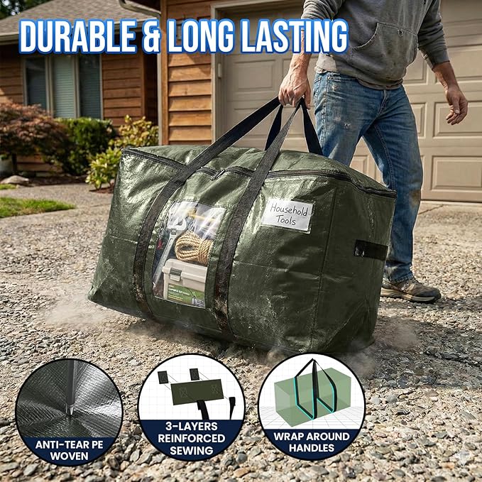 TAILI 6 Pack Green Extra Large Moving Bags, Heavy Duty Totes with Visible Window, Wrap Around Handles, Space-Saving Storage, Alternative to Moving Boxes