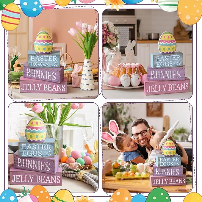 Lineshading 4 Pcs Easter Table Decoration Wooden Pastel Egg - No Assembly Required Reusable Happy Easter Tiered Tray Decor, Perfect for Home Kitchen Shelf Party Farmhouse Centerpieces & Holy Week Gift