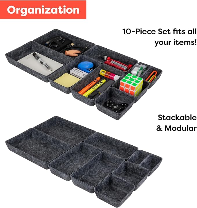 Rajas Goods Drawer Organizer Compatible with Ikea Alex Drawer Unit, 10-Piece Modular Felt Tray Organizer Set, Perfect Fit (Dark)