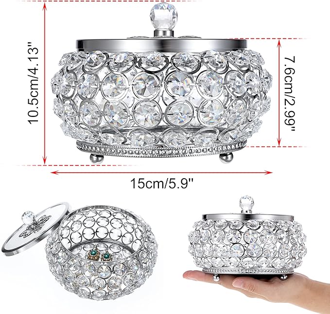 Hipiwe Crystal Jewelry Trinket Box with Glass Lid Large Silver Mirrored Treasure Box Decorative Jewelry Box Ring Earrings Necklace Storage Keepsake Box Gift for Women