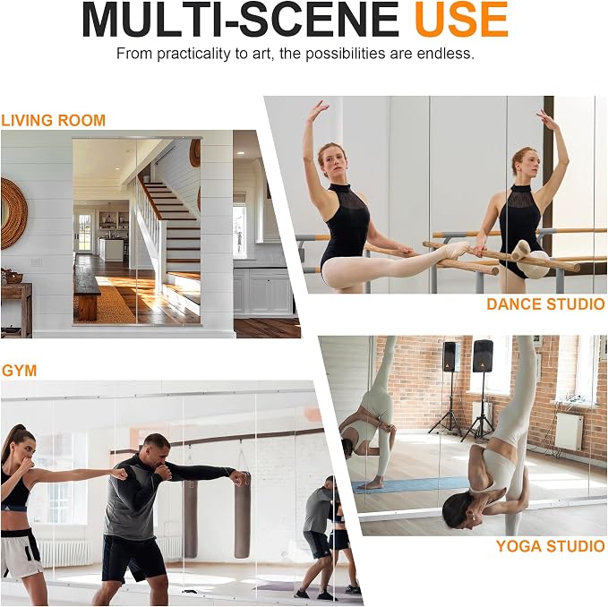 Delma Home Gym Mirror,70''x24''x2PCS Silver,Large Full Body Tempered Glass Frameless, Wall-Mounted for Gym, Yoga, Garage, Bedroom, Bathroom