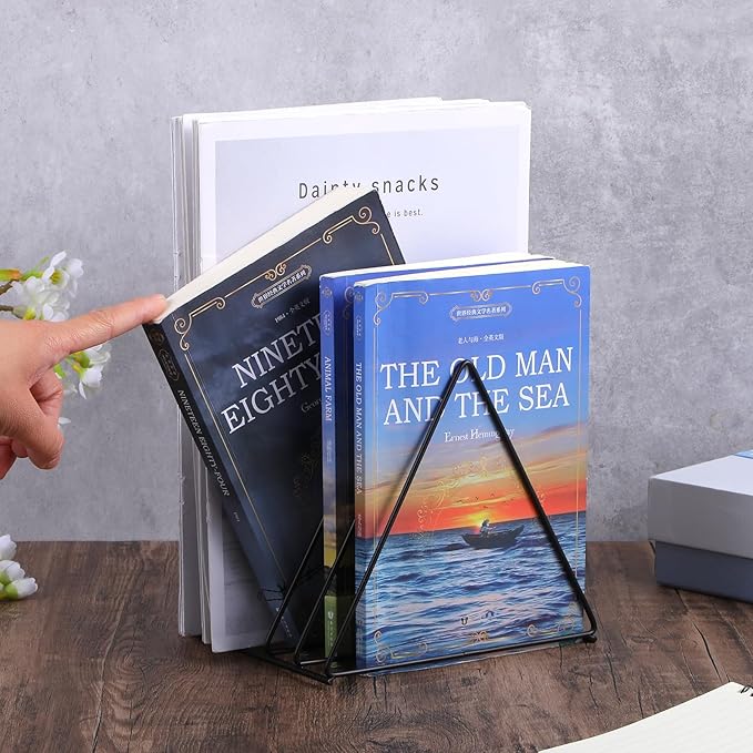 2 Pcs Triangle File Holder,5 Slot Metal Vinyl Record Stand Holder Black Magazine Newspaper Holder Photography Props for Office Hom