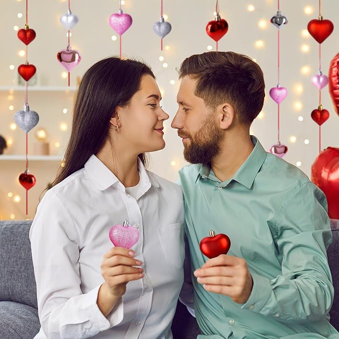 36PCS Heart Ornaments, 2 Sizes Shaped Hanging Ornaments in Red Pink Silver Colors, Glossy Baubles for Love Day Decor, Decorations for Wedding Party