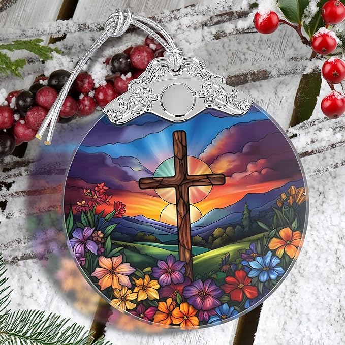 Religious Christmas Ornaments, Christmas Tree Decoration, Holiday Ornament, Christian Home Decor, Gift Exchange, Gift Idea - Cross Spring Flower