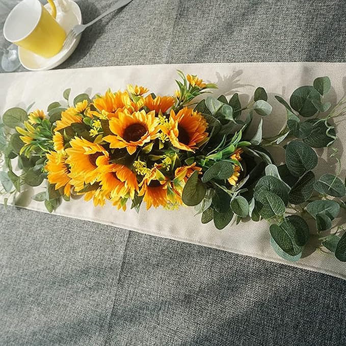 Artificial Sunflower Swag, Decorative Sunflower Wreath with Eucalyptus Leaves Handmade Floral Swag for Mirror Home Wedding Party Door Tabletop Decoration(Green)