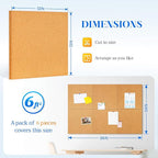 DOLLAR BOSS Cork Board Tiles, 6 Packs 12" x 12" 1/2" Thick Cork Bulletin Board Self Adhesive Corkboards for Walls with 60 Pushpins for Home Office Kitchen School Decor Display
