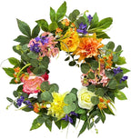 Svndlyn 22 Inch Lighted Spring Summer Wreath for Front Door,Dahlia Pinnata, Roses, Eucalyptus Leaves, Peony, Mixed Flowers,Artificial Wreath for Front Door Spring Outdoor Home Decor Easter Decor