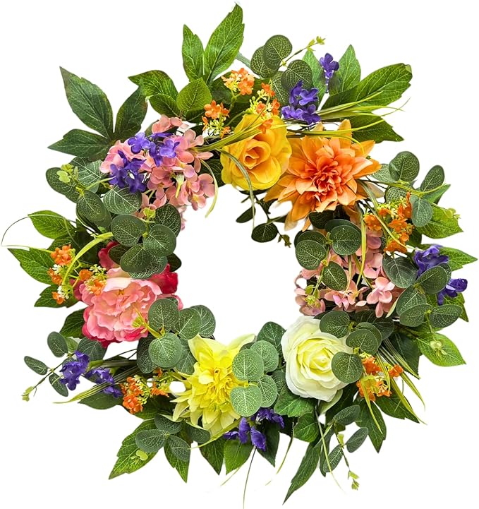 Svndlyn 22 Inch Lighted Spring Summer Wreath for Front Door,Dahlia Pinnata, Roses, Eucalyptus Leaves, Peony, Mixed Flowers,Artificial Wreath for Front Door Spring Outdoor Home Decor Easter Decor