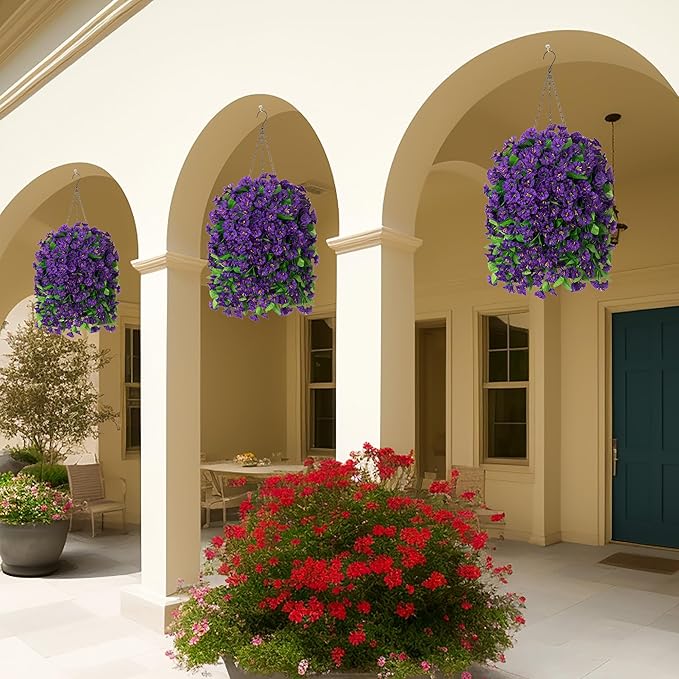 Artificial Faux Hanging Flowers Basket for Spring Summer Outdoor Porch Decor, Fake Silk Colorful Morning Glory Eucalyptus in Planter UV Resistant Look Real for Home Balcony Yard(Dark Purple)